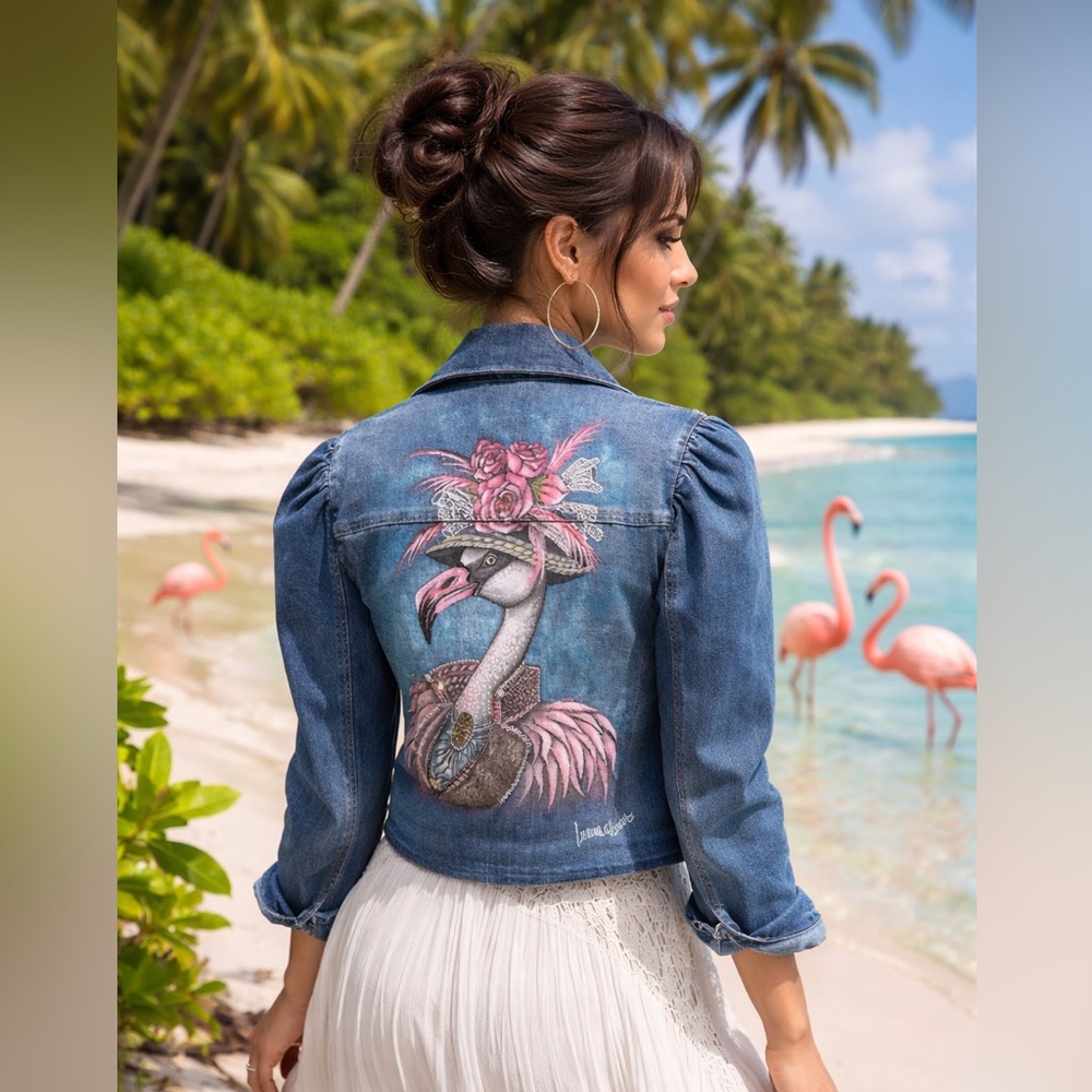 Victorian flamingo handpainted rhinestones cropped denim TGLA Jean jacket sz LG